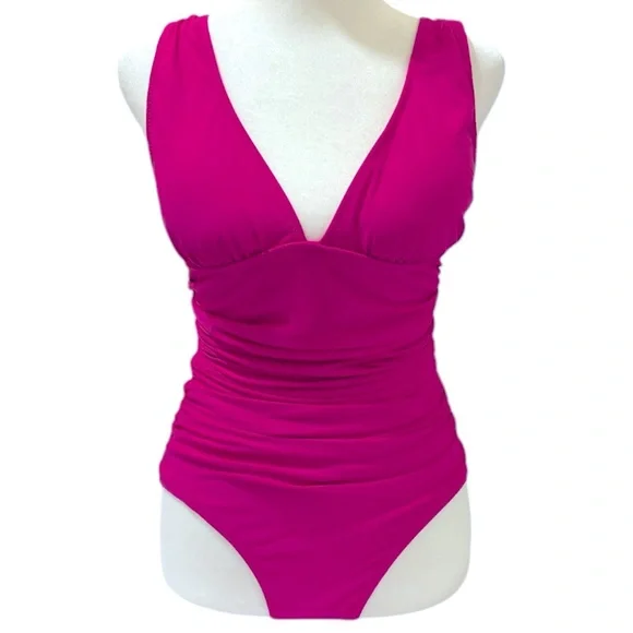J. Crew Women’s V-Neck Ruched One Piece Swimsuit Color is Hot Pink Flattering - Picture 1 of 7